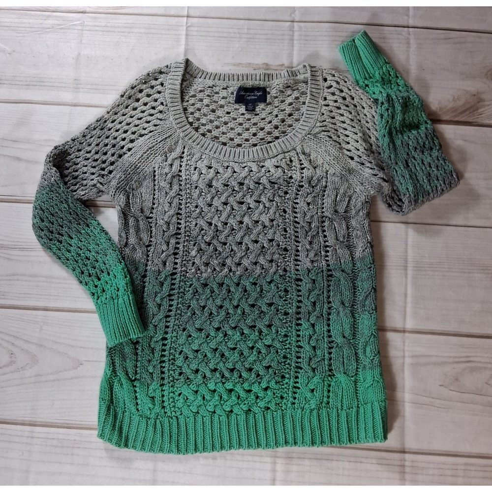 American Eagle Outfitters Womens Sweater S/P Gray Green Ombre Cable Knit Crochet